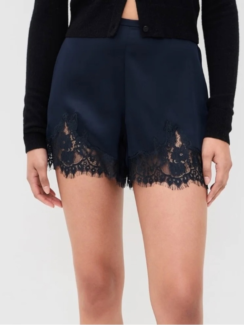 Reformation Fern Navy Blue Lace-Trim Satin Shorts